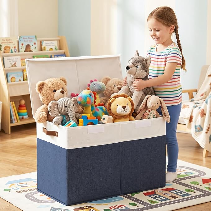 Large Toy Storage Box with Lids, Collapsible Sturdy Baby Storage Organizer Chest Bin Basket for Kids, Boys, Girls, Playroom, Nursery, Bedroom, Closet 25"x13"x16" (Navy Blue and White)