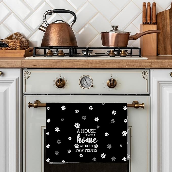 Black Paw Farmhouse Kitchen Towels Decor Gifts for Women Pet Lovers, A House is Not A Home Without Paw Prints Decorative Bathroom Towels, Funny Dish Hand Towels for Kitchen Drying 16x24 Inch