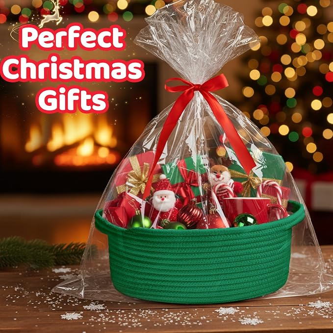 Bufims Small Woven Green Gifts Basket for Storage Empty with Ribbons and Bags Durable Cute Gifts 12"X 8" X 5" Small Rope Basket for Gifting