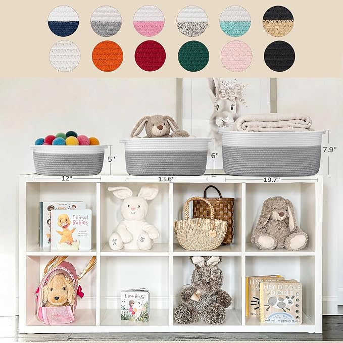 Goodpick Medium Woven Rope Gift Basket Empty, 13.6"x 10"x 6", Grey | Storage Basket with Handles for Baby Shower & Toys, Fits Living Room Bathroom Organizer, Versatile Dog Toy Storage Bin