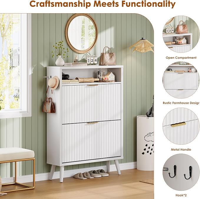 Shoe Storage Cabinet with 2 Flip Drawers for Entryway,Fluted Door | Narrow Shoe Storage Organizer Rack, Hidden Shoe Cabinet with Adjustable Shelves for Entryway, Hallway, Living Room,White