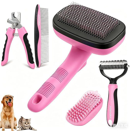 Self Cleaning Slicker Brush & Dog Brush Grooming Rake & Bath Brush & Nail Clippers & Pet Comb for Pets,Deshedding Dematting Tool for Long and Short Haired Dogs & Cats，Pink 5 PCS
