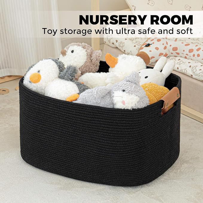 danpinera Large Blankets for Living Room, 72 L Woven Cotton Rope Baskets for Storage, Organizing Kids Toys & Dog Toys, Large Basket Organizer for Nursery, Bedroom, Bathroom, 22’’*17’’*11.8’’ Black