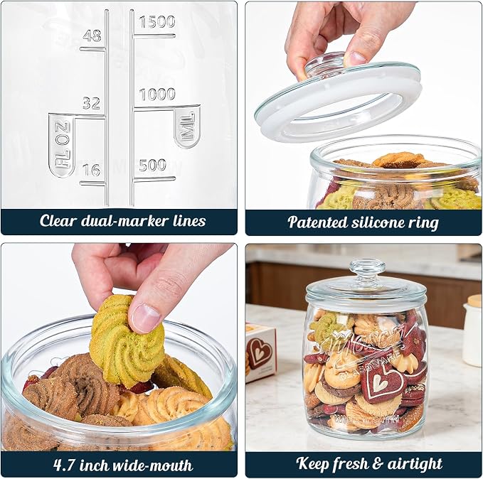 Cookie Jar with Airtight Lids, Half Gallon Wide Mouth Mason Jar | 2 Pack 64 Oz Glass Jar for Cookies, Candy, Flour, Dog Treats, Coffee, Laundry Room Storage & Pantry, Sourdough Starter Jar