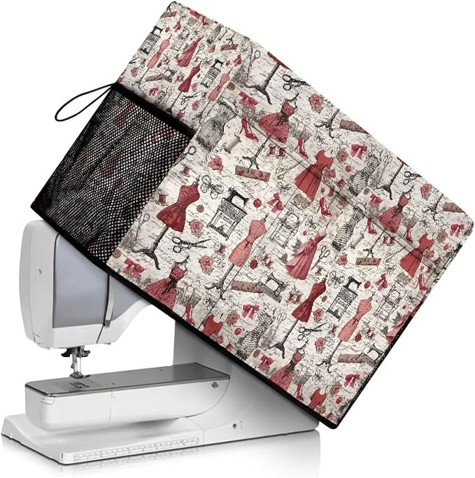 Retro Sewing Elements Sewing Machine Cover with Storage Pocket, 17.7 x 8.6 x 12.6 inches, Heavy-Duty Water-Resistant Fabric, Dust & Pet Hair Protection, Fits Brother, Singer, Janome