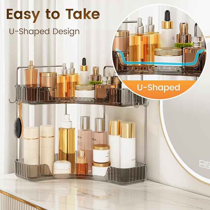 Corner Counter Organizer, 2-Tier Bathroom & Kitchen Storage Tray | Grey Vanity Organizer Storage Countertop with Hooks for Skincare, Makeup & Jewelry