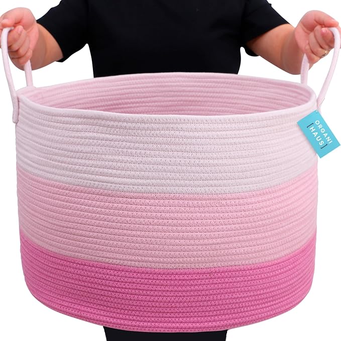 OrganiHaus Round Toy Basket & Blanket Basket, Cotton Rope 20x13" | 3-Toned Pink - Round Cotton Rope Basket, 20x13"