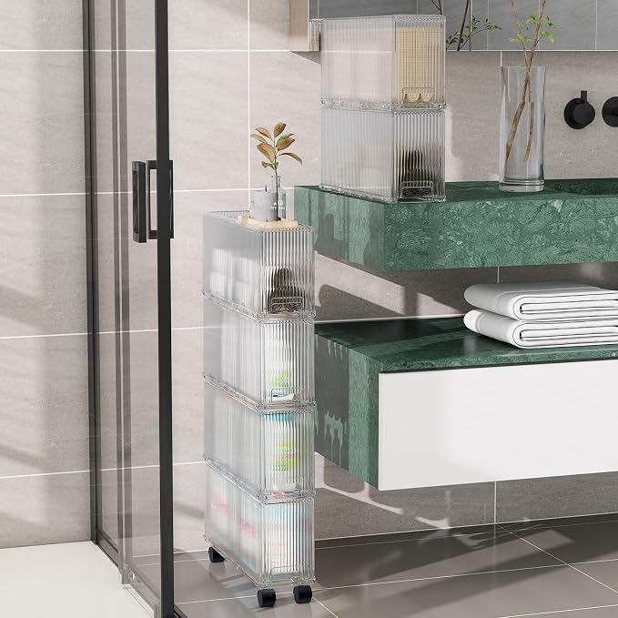 KHNR Slim 6 Tier Bathroom Storage Cabinet with Wheels, Narrow Gap Organizer Shelf, Tower for Shampoo, Towels, Toilet Paper Toiletries, Perfect for Bathroom Corner or Beside Toilet, Clear White