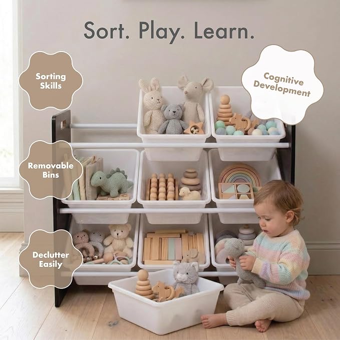 Humble Crew Toy Storage Organizer with 9 Removable Storage Bins for Kids Playroom, 3-Tier Toddler Toy Organization and Storage, Espresso/White