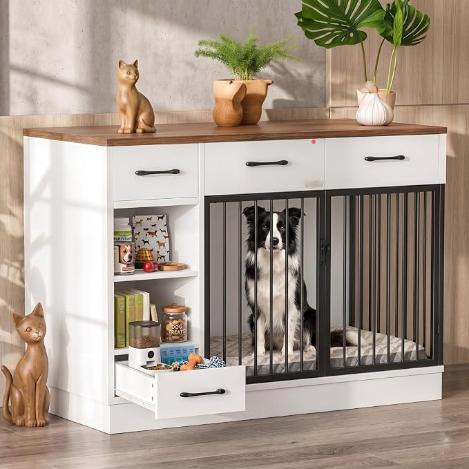 Dog Crate, 47.2" Dog Cage with Hidden Feeder Bowl & 3 Storage Drawers - Wooden Dog Crates with Adjustable Shelf, 2 Doors Dog Kennel Furniture for Medium & Small Dogs, Multi-Functional Pet End Table