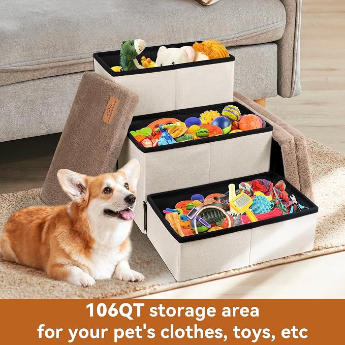Zerbuger Dog Stairs with Storage Khaki Furry Lids 3 Steps Dog Ramp no Condo | 18" H Wider Dog Steps for High Beds Couch, Folding Storage Pet Stairs Gift for Climbing Small/Medium/Large Old Dogs Cats