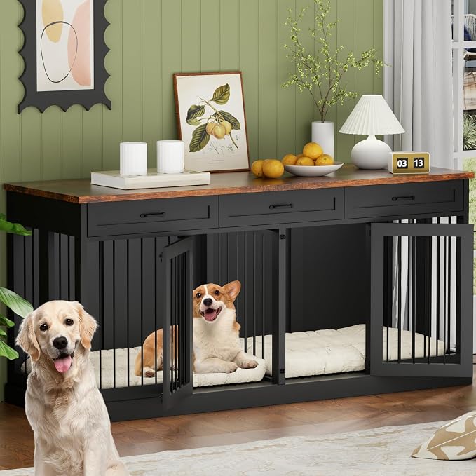 70.9 inches Double Dog Crate Furniture with 3 Drawers for Large Medium Dogs