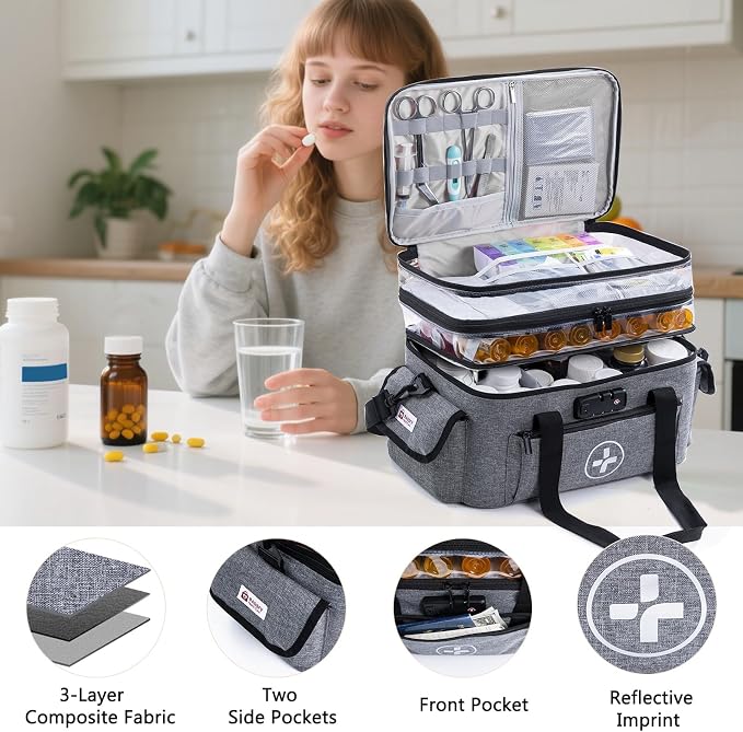 BAGSFY 3-Tier Medicine Organizer with Combination Lock – Large Medicine Bag, Empty First Aid Kit Case, Pill Bottle Medical Supply Organizer, Travel Prescription Bag, Medication Storage Container