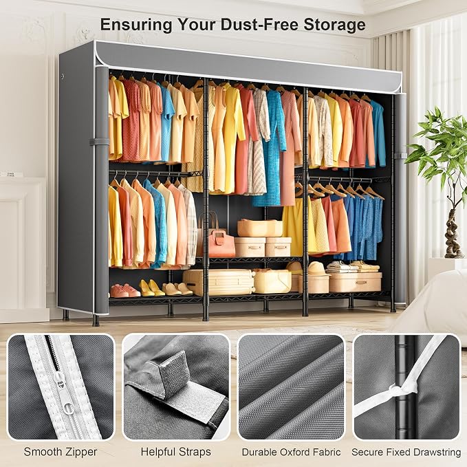 SEMHOR K01C Heavy Duty Clothes Rack with Grey Cover, Max Load 860LBS | Freestanding Portable Closet System with Shelves, Adjustable Carbon Steel Garment Rack, Clothing Racks for Hanging Clothes