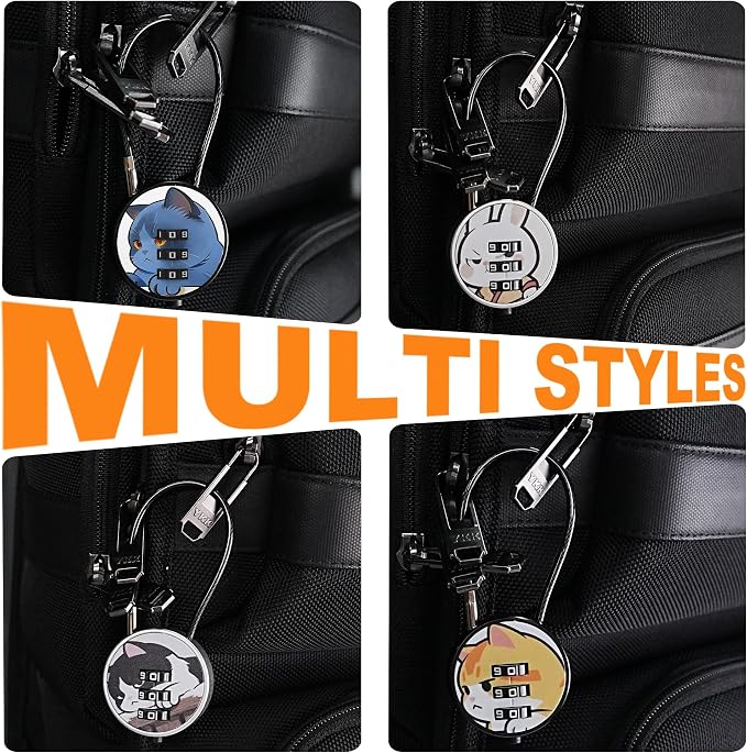 Small Combination Lock for Luggage, Gym Locker, Backpack Bag Zipper, Mini Combo Lock with Code, 5.12 Inch Steel Cable Padlock for Travel Suitcase (4-Cat&Rabbit, Cool)