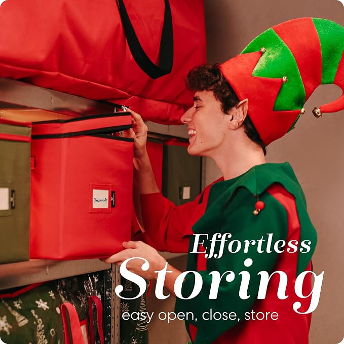Handy Laundry, Christmas Ornament Storage - Stores up to 64 Holiday Ornaments, Adjustable Dividers, Covered Top, Two Handles. Storage Box Keeps Holiday Decorations Clean & Dry for Next Season. (Red)
