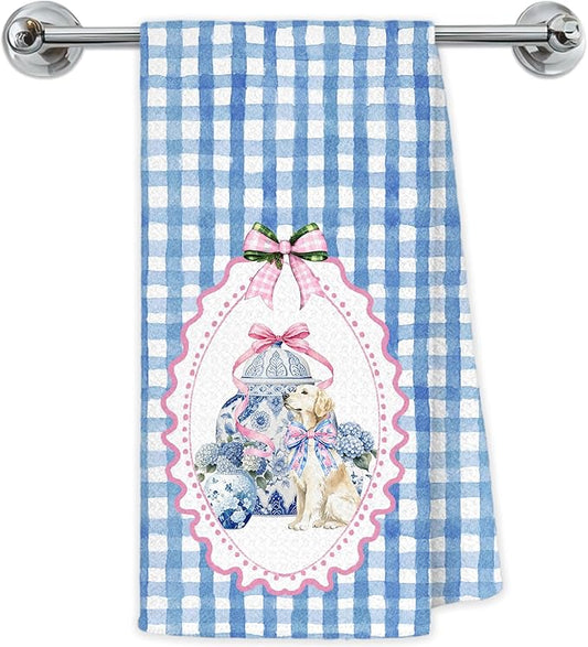 Pink and Blue Chinoiserie Golden Retriever Kitchen Towels, Golden Retriever Lover Gifts Dish Tea Towels for Kitchen, Coquette Pink Bow Hydrangea Dog Hand Towel for Bathroom Decor, 16x24 Inch