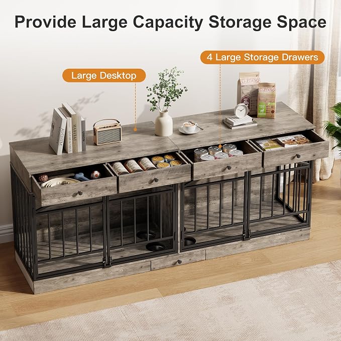 IDEALHOUSE 78.7" Double Dog Crate Furniture with Storage and 4 Doors, Grey | Dog Kennel Indoor with Feeding Bowls, Wood Dog Crate TV Stand for Small Medium Dogs