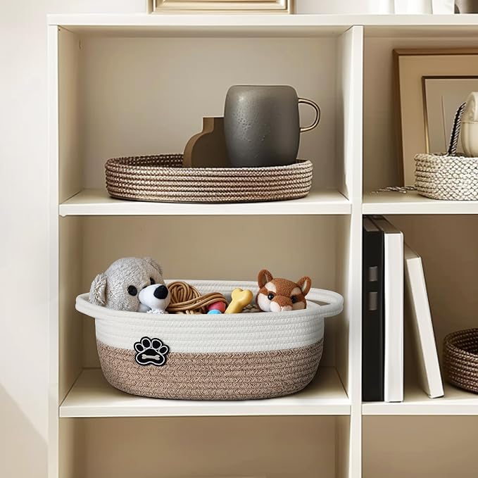 Small Dog Toy Basket, Soft Cotton Rope Dog Cat Toy Bin, Woven Storage Basket for Living Room Nursery, Cats Pet Gift Basket Empty, Decorative Wicker Storage Box with Handle, 13"x 9"x 5"