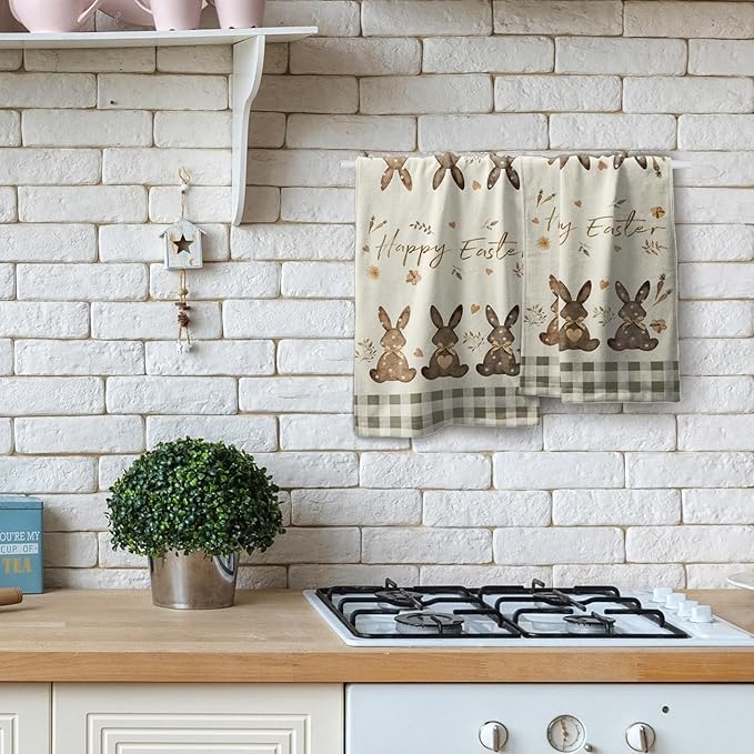 Giwawa Happy Easter Hand Towel Set of 2 Spring Cute Bunny Rabbits Egg Carrot Towel Brown Buffalo Plaids Quick Drying Dish Wash Cloth for Hotel Bathroom Gym Home Spa Holiday Decor