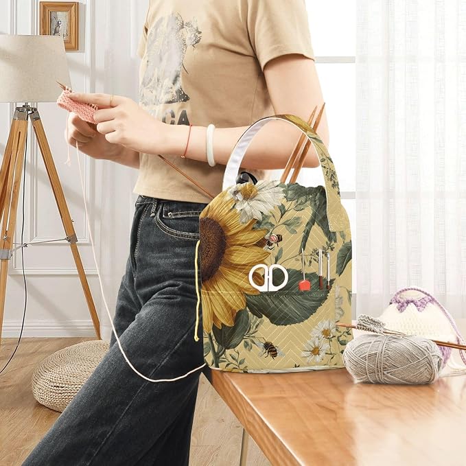 Tatenale Crochet Bag Yarn Bag Knitting Project Bag with Pockets and Handle Portable Yarn Storage Organizer Tangle Free 8.3x11 InchYellow Sunflowers and Daisies09
