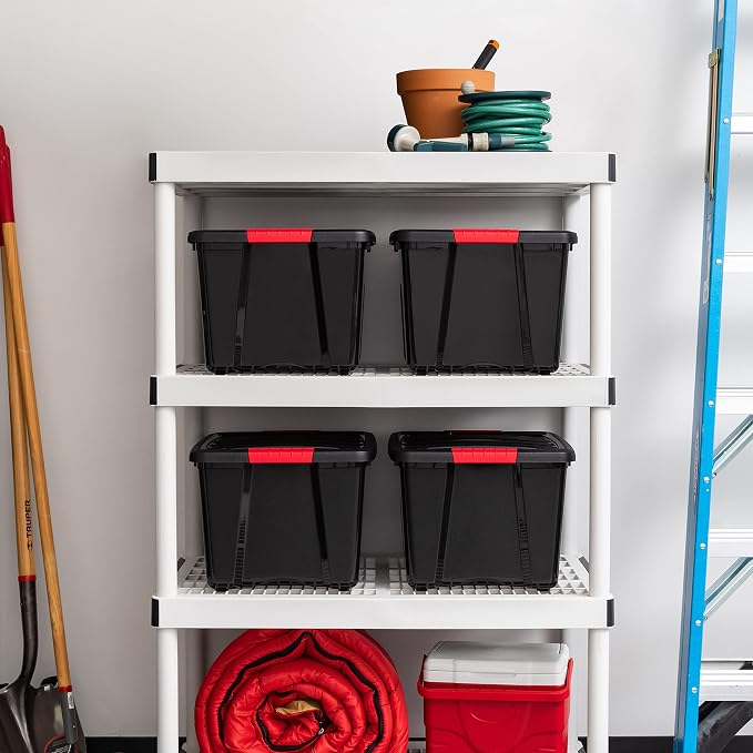 IRIS USA 4-Pack 40 Quart Storage Bins with Lids, Black | Black finish conceals stored items. Perfect for moving, blankets, clothing, and garage storage. Nestable design saves space