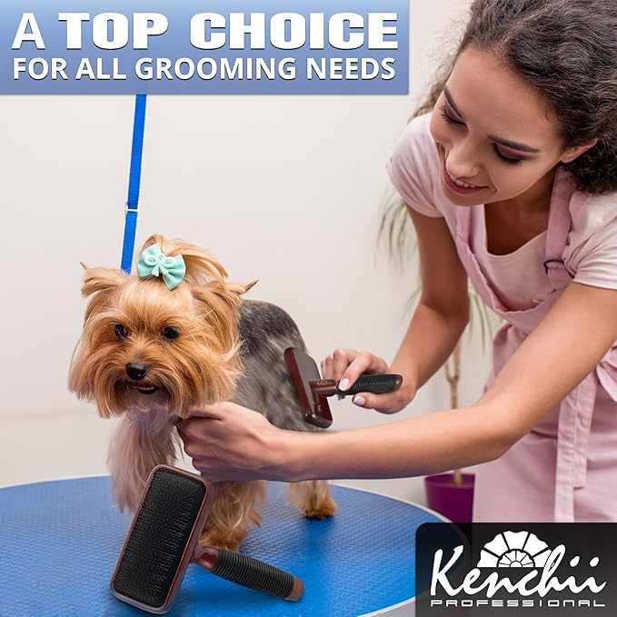 Kenchii Slicker Brush for Dogs, Professional Dog Grooming Brush for Loose Fur, Tangles, Long Short Haired, Stainless Steel Pins, Maplewood Handle, Medium