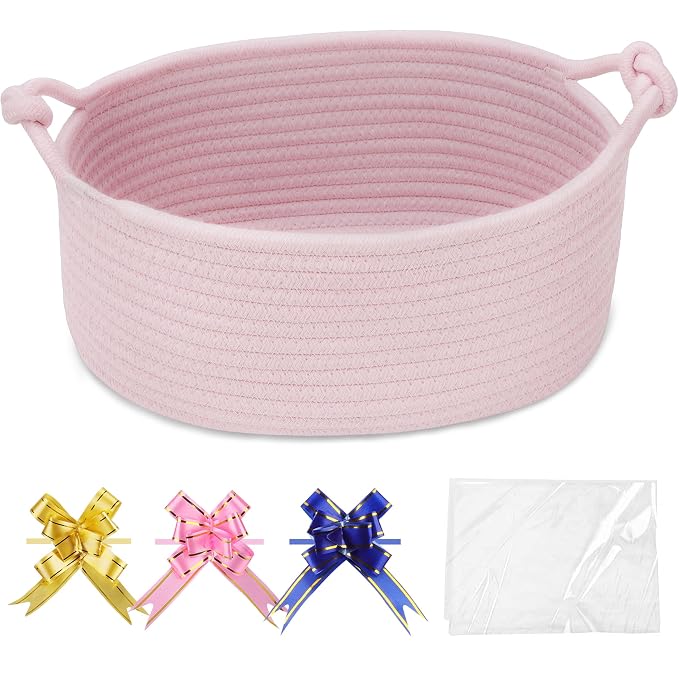 COMSE Small Gift Basket Empty with Bag & Ribbons, Solid Light Pink | Cotton Rope, 12"x 8"x 5", Pet Toy Storage Organizer, Woven Basket for Birthdays, Baby Showers, Mother’s Day, Valentine’s Day