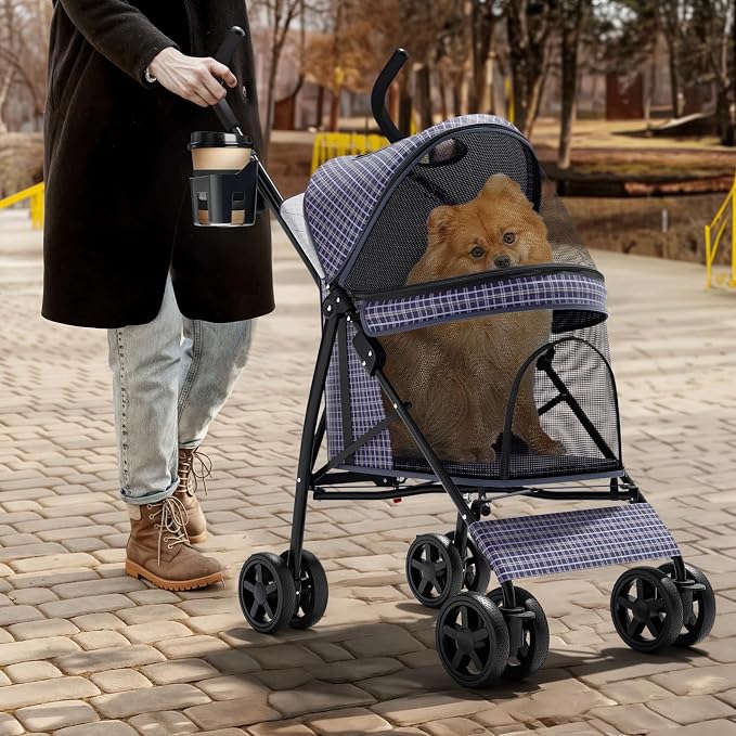 Magshion Compact Fold Pet Travel Stroller for Small Dogs Cats, Plaid | Up to 22lbs, 4-Wheel Lightweight Umbrella Shaped Design, Safety Tethers, Breathable Mesh, Cup Holder & Rear Storage