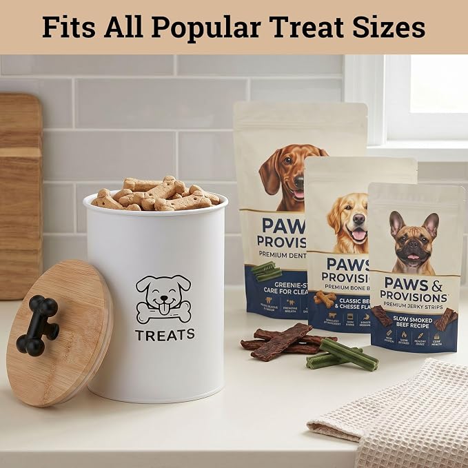 Dog Treat Container Airtight, 4.6"W x 6"H, Powder Coated, 6 Cup Capacity | Fits All Popular Treats, 6 Cup Capacity, Airtight Bamboo Lid, Easy Open Lid, Dent-Resistant Durable Metal Bone-Shaped Handle