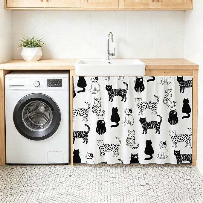 Cat Animal Sink Skirt 11"Wx13"L,Dustproof Under Sink Curtain with Self Adhesive Tape,Black White Earthy Tone Pet Modern Minimalist Cabinet Curtain Cover for Bathroom Vanity,Kitchen Storage Shelf