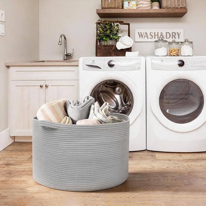 Extra Large Grey Storage Basket, 22" X 22" X 14" XXXL Blanket Basket for Living Room, Gray Wicker Woven Cotton Rope Baskets for Storage, Kids Toy Baskets Bins, Decorative Pillow Towel Basket