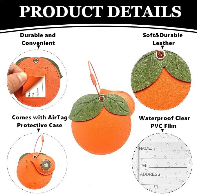 PU Leather Luggage Tag with Airtag Holder Case Set and Name ID Label | Hidden Compartment for AirTag Travel Suitcase Tracking Case with Stainless Steel Loop,Cute Fruit Plant Styles,Persimmon