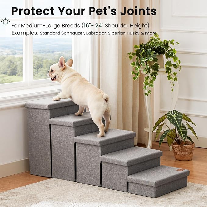 Love's cabin Dog Stairs for High Bed, Foldable Pet Stairs for Small Medium or Large Dogs Puppy with Storage for Bed or Couch, Cat Dog Steps Ramp with Zip up to 200 lbs, Solid Grey, 5 Steps