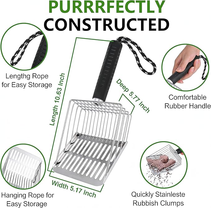 [2026 Version]18/8 Stainless Steel Cat Litter Scoop-Efficient Metal Cat Litter Scooper with Holder, Heavy Duty Litter Sifter, Pooper Scooper Kitty Litter Box-Cat Scooper for Litter Box Cleaning