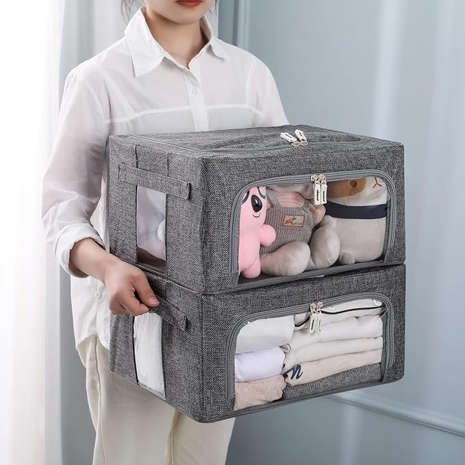 CYhom 3Pack Foldable Storage Bins - Frame Storage Box Linen Fabric Stackable Clothes Container Organizer with Clear Window & Carry Handles Large Capacity (Small-22L, Dark Gray)