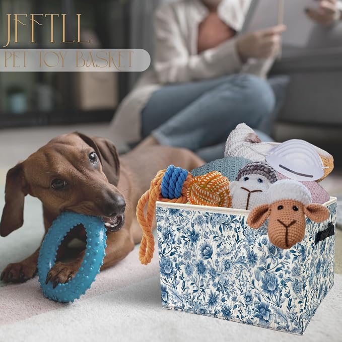 Chinoiserie Blue Floral Storage Bins with Handles, Retro Blue and White Wildflower Botanical Collapsible Laundry Basket Storage Box for Home Bedroom Bathroom Clothes Toys Books
