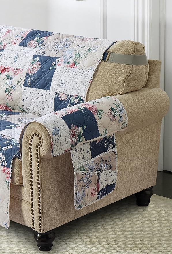 Brilliant Sunshine Vintage Indigo Roses Couch Armrest Cover, 35"×13" | Washable Magazine Holder, Armrest Organizer & Caddy on Sofa, Recliner, Armchair, Storage for Remote Controls, Phone, iPad