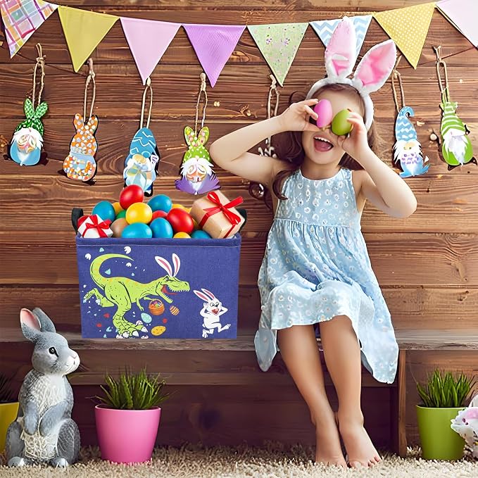 Dinosaur Easter Basket for Kid Large Empty Baby Rectangular Cute Easter Gift Storage Basket Bunny Eggs Décor (Dinosaur Rabbit)