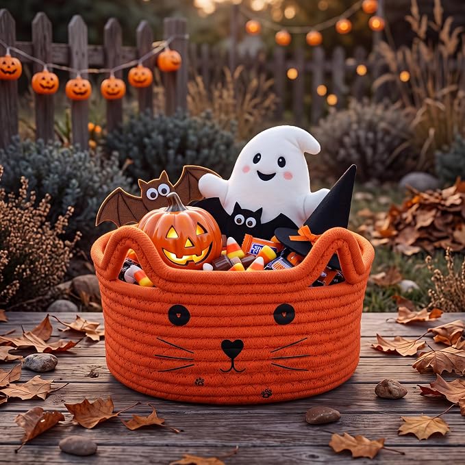 Zopeal Cat Storage Basket Woven Organizer with Ears Decorative Gift Cute Cotton Rope Pet Toy Basket for Gift Cat Dog Toy Bin Nursery Room(8.3 x 4.7 Inch,Orange) | Cute Cotton Rope Organizer with Handles for Toy Box, Nursery Decor, Decorative Bin, Pet S...