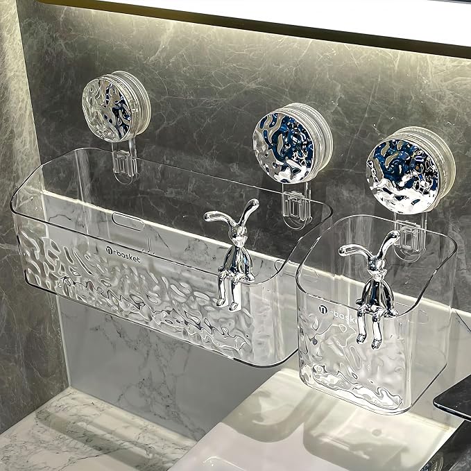 2 Pack Suction Cup Shower Caddy, Wall Mounted Suction Electric Toothbrush Holder for Bathroom, Clear Shower Rack with 2 Movable Hooks, Toothpaste and Razors Shower Organizer