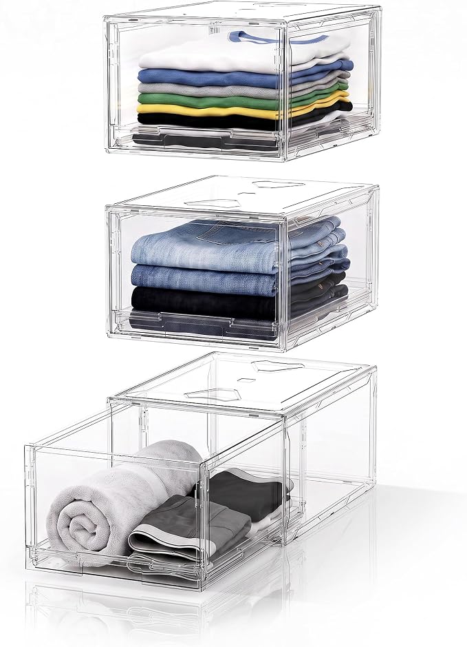 Large Clear Stackable Storage Drawer Organizer for Closet, 3 Pack | Easy Assemble, Plastic Drawer Organizer, Closet Storage Bins, Dustproof Underbed Organizer for Underwear, T-shirt, Clothing