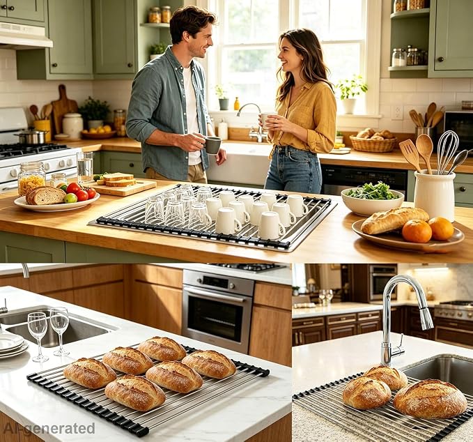 Ahyuan Roll up Dish Drying Rack Over The Sink Kitchen Roll up Sink Drying Rack Portable Dish Drainer Foldable Dish Drying Rack (Black, 20.5''X16.9'')