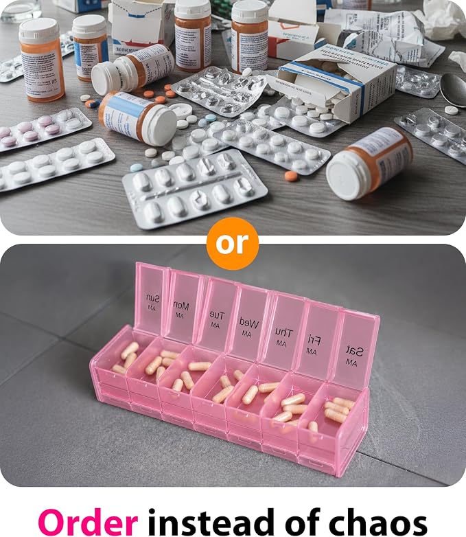 Extra Large Pill Organizer - XXL Vitamin Holder for Weekly Supplements - Double Sided Pill Box 7 Day with Big AM PM Compartments Huge Daily Medicine Dispenser 2 Times a Day Reliable and Easy-to-Use