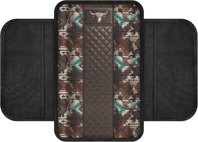 Howilath Bull Print Car Armrest Cushion Non-Slip Cover for Center Console | Southwest Anti-Slip Backing, Protects From Pet Claws and Daily Wear with 2 Storage Pockets