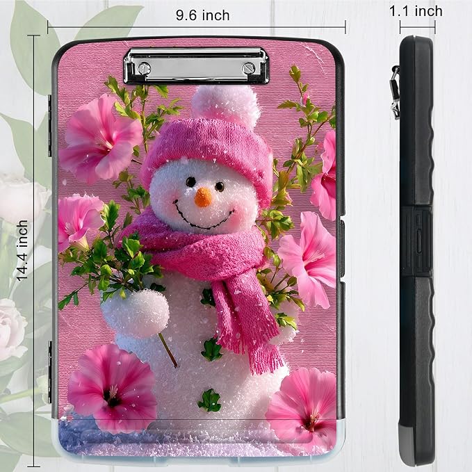 A4 Clipboard with Storage Pen Holder, Clipboards Organizer Nursing Clipboard Foldable File Folder Plastic Clipboard Folio Clip Board for Office Work Classroom Doctor, Pink Flower Snowman