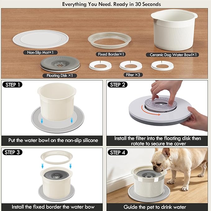 No Spill Ceramic Dog Water Bowl, Large Capacity Slow Drinking Bowl with Floating Disk & Filter, Heavy Duty Anti-Slip Bowl for Small to Medium Dogs, Cats & Multi-Pet Homes Indoor Outdoor
