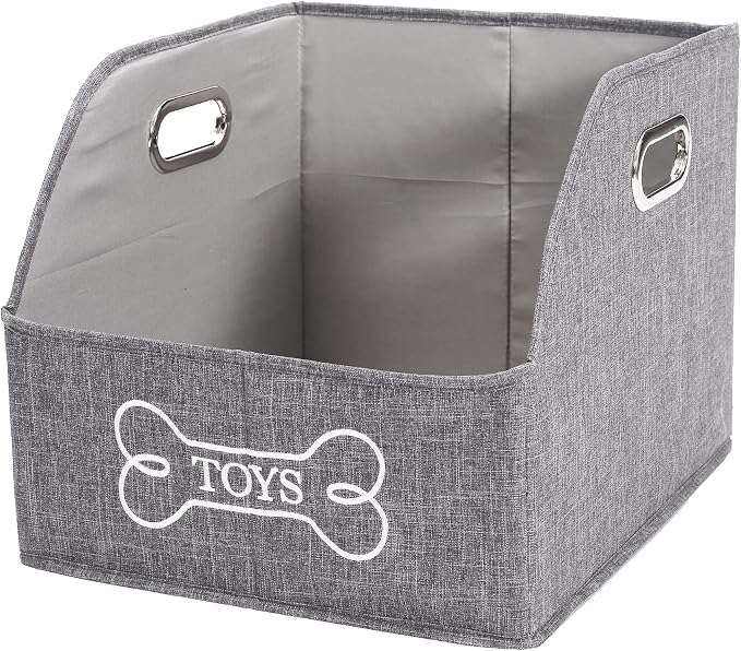 Large Dog Toy Storage Bin, Foldable Trapezoid Box with Handles | Canvas Fabric,Large Capacity, for Pet Supplies,Pet Toy Organizer Basket, Sturdy Metal Handles ,Easy Carry pet storage-Gray