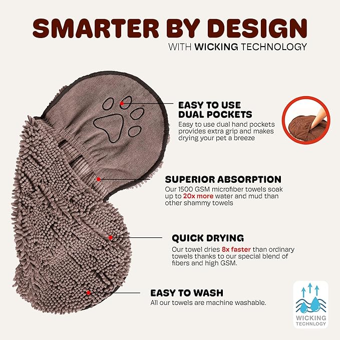 Dog Gone Smart The Dirty Dog Shammy - Antimicrobial Microfiber Dog Towel for Odor Control, Fast-Drying Plush, Dual Hand Pockets & Elastic, Super Absorbent, Machine Washable, 31 x 13 in, Grey