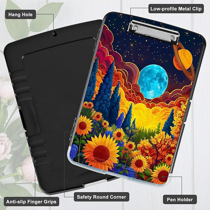 Sunflower Clouds Moon A4 Clipboard with Storage Pen Holder, Clipboards Organizer Nursing Clipboard Foldable File Folder Plastic Clipboard Folio Clip Board for Office Students Classroom